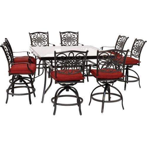 Hanover Outdoor Dining Set Hanover - Traditions 9-Piece High-Dining Set in Red with 8 Swivel Chairs and a 60 In. Square Glass-Top Table - TRADDN9PCBRSQG-RED