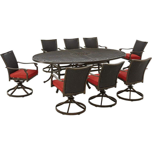 Hanover Outdoor Dining Set Hanover Traditions 9-Piece Set in Red with 8 Wicker Back Swivel Rockers and 95-in. x 60-in. Oval Cast Dining Table