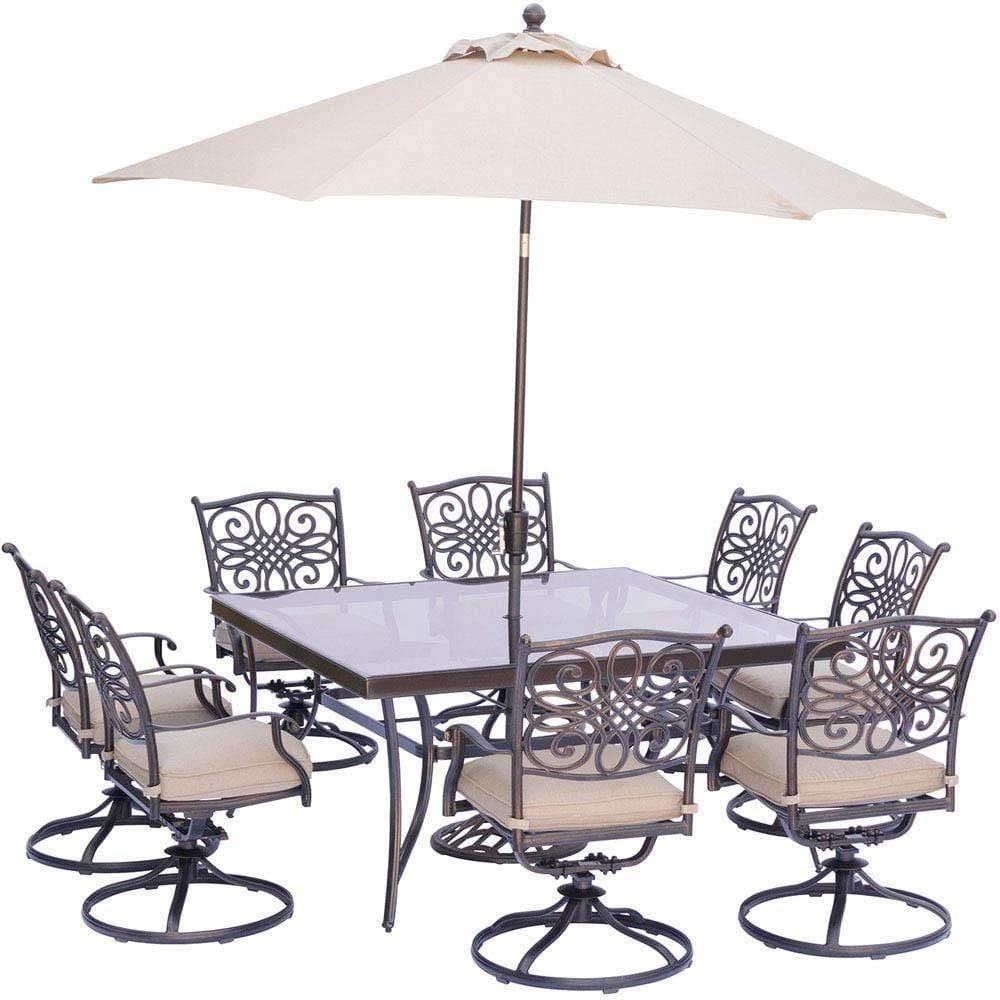 Hanover Outdoor Dining Set Hanover - Traditions 9-Piece Square Dining Set with Eight Swivel Dining Chairs, Square Glass-Top Dining Table, Umbrella and Base - TRADDN9PCSWSQG-SU
