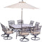 Hanover Outdoor Dining Set Hanover - Traditions 9-Piece Square Dining Set with Eight Swivel Dining Chairs, Square Glass-Top Dining Table, Umbrella and Base - TRADDN9PCSWSQG-SU
