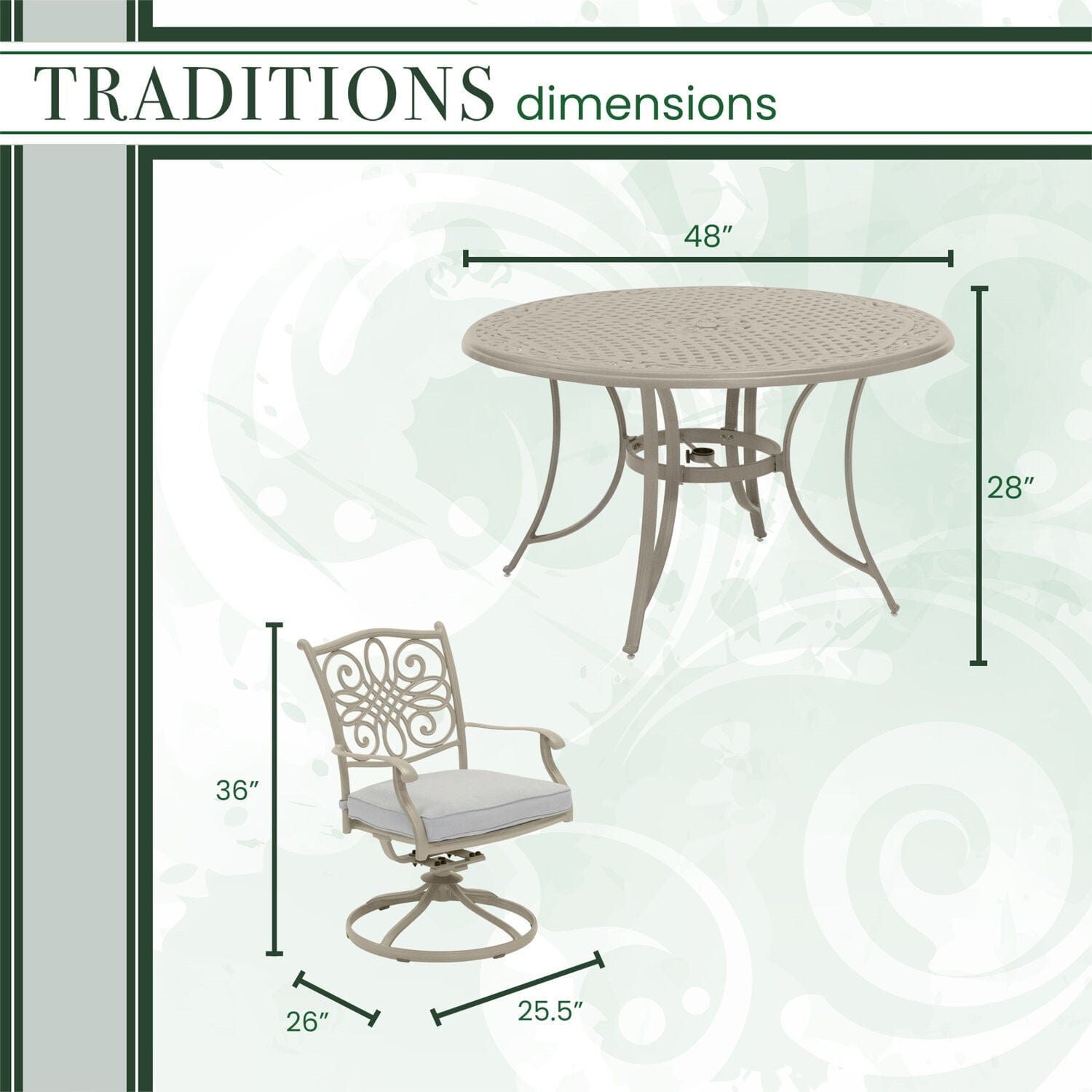 Hanover Outdoor Dining Set Hanover - Traditions5pc: 4 Swivel Rockers, 48" Round Cast Table - Aluminium Frame | Sand | TRADDNSD5PCSW4-BE