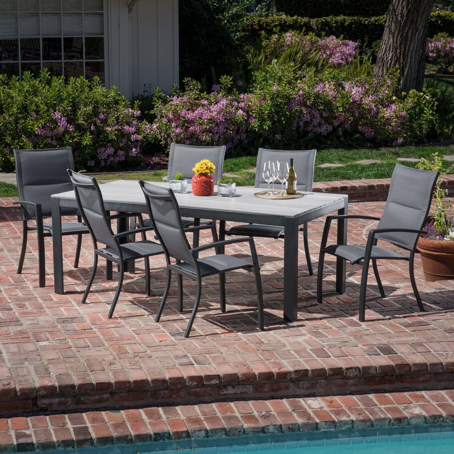 Hanover Outdoor Dining Set Hanover - Tucson7pc: 6 Aluminum High Back Padded Chairs, Faux Wood Dining Table - TUCSDN7PCHB-GRY