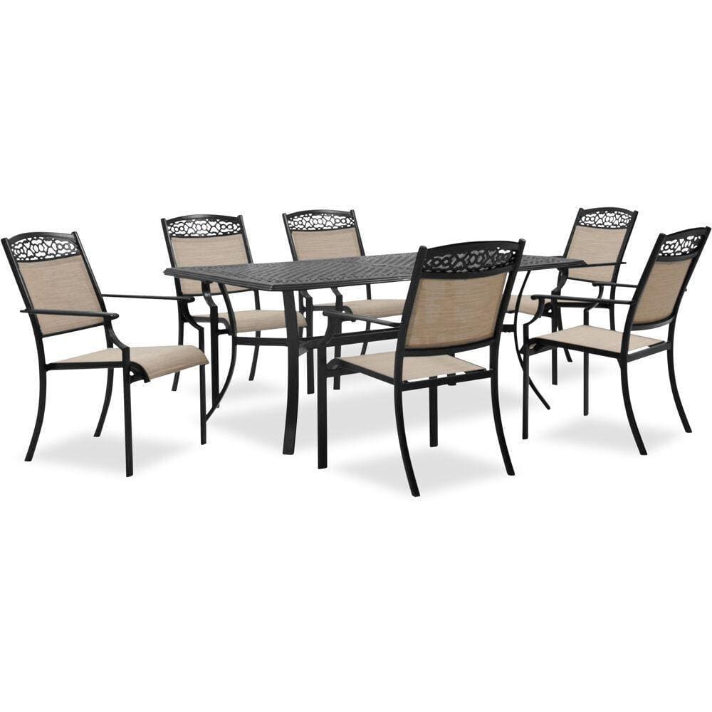 Hanover Outdoor Dining Set Lisbon 7-Piece Set: 6 Sling Stationary Chairs and 39 in. x 68 in. Cast-Top Dining Table in Tan