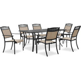Hanover Outdoor Dining Set Lisbon 7-Piece Set: 6 Sling Stationary Chairs and 39 in. x 68 in. Cast-Top Dining Table in Tan