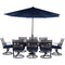 Hanover Outdoor Dining Set Montclair 9 piece Outdoor Dining Set | 8 Swivel Rockers, 42"x 84" Dining Table, Umbrella & Base - Navy and Brown