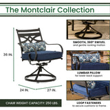 Hanover Outdoor Dining Set Montclair 9 piece Outdoor Dining Set | 8 Swivel Rockers, 42"x 84" Dining Table, Umbrella & Base - Navy and Brown