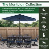 Hanover Outdoor Dining Set Montclair 9 piece Outdoor Dining Set | 8 Swivel Rockers, 42"x 84" Dining Table, Umbrella & Base - Navy and Brown