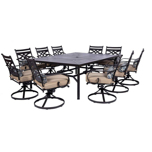 Hanover Outdoor Dining Set Montclair11pc: 10 Swivel Rockers, 60"x84" Rectangle Dining Table Aluminium Frame | MCLRDN11PCSW10-TAN