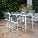 Hanover Outdoor Dining Set Naples 5-Piece Outdoor High-Dining Set with 4 Swivel Bar Chairs and a Glass-Top Bar Table, White