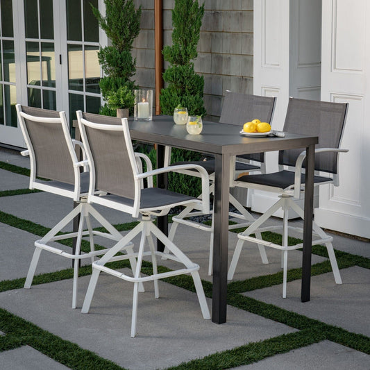 Hanover Outdoor Dining Set Naples 5-Piece Outdoor High-Dining Set with 4 Swivel Bar Chairs and a Glass-Top Bar Table, White/Gray | NAPDN5PCBR-WG