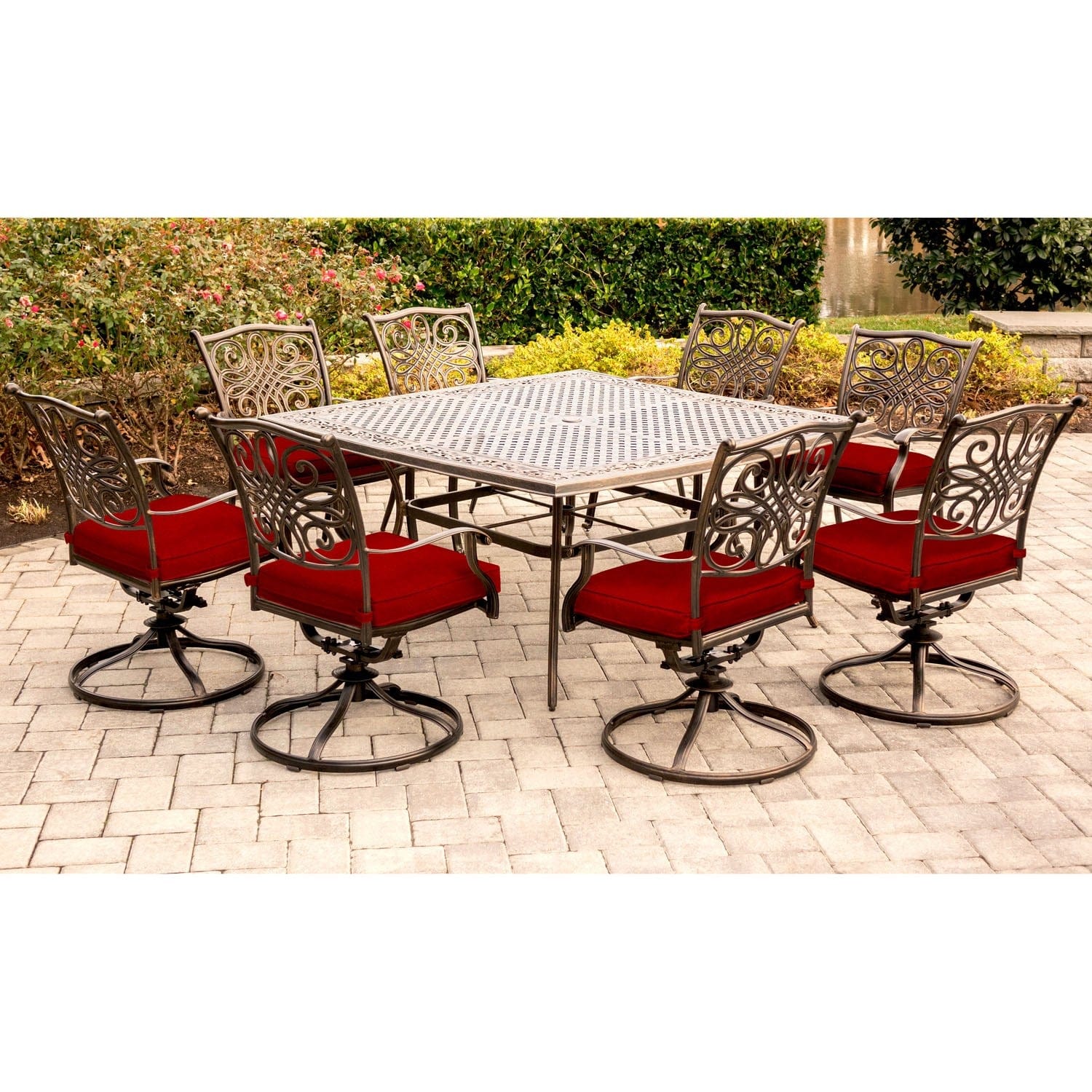 Hanover Outdoor Dining Set Traditions 9-Piece Aluminium Frame Dining Set in Red with Eight Swivel Rockers and a Large 60 In. Cast-top Square Table | TRAD9PCSWSQ8-RED