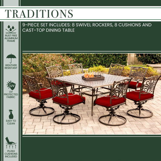 Hanover Outdoor Dining Set Traditions 9-Piece Aluminium Frame Dining Set in Red with Eight Swivel Rockers and a Large 60 In. Cast-top Square Table | TRAD9PCSWSQ8-RED