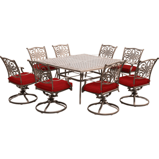 Hanover Outdoor Dining Set Traditions 9-Piece Dining Set in Red with Eight Swivel Rockers and a Large 60 In. Cast-top Square Table - TRAD9PCSWSQ8-RED