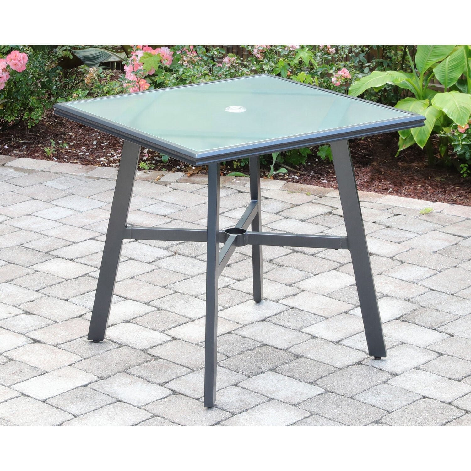 Hanover Outdoor Dining Table Hanover - Commercial Aluminum 30" Square Glass Top Table - Gunmetal/Glass - HANCMDNTBL-30GL