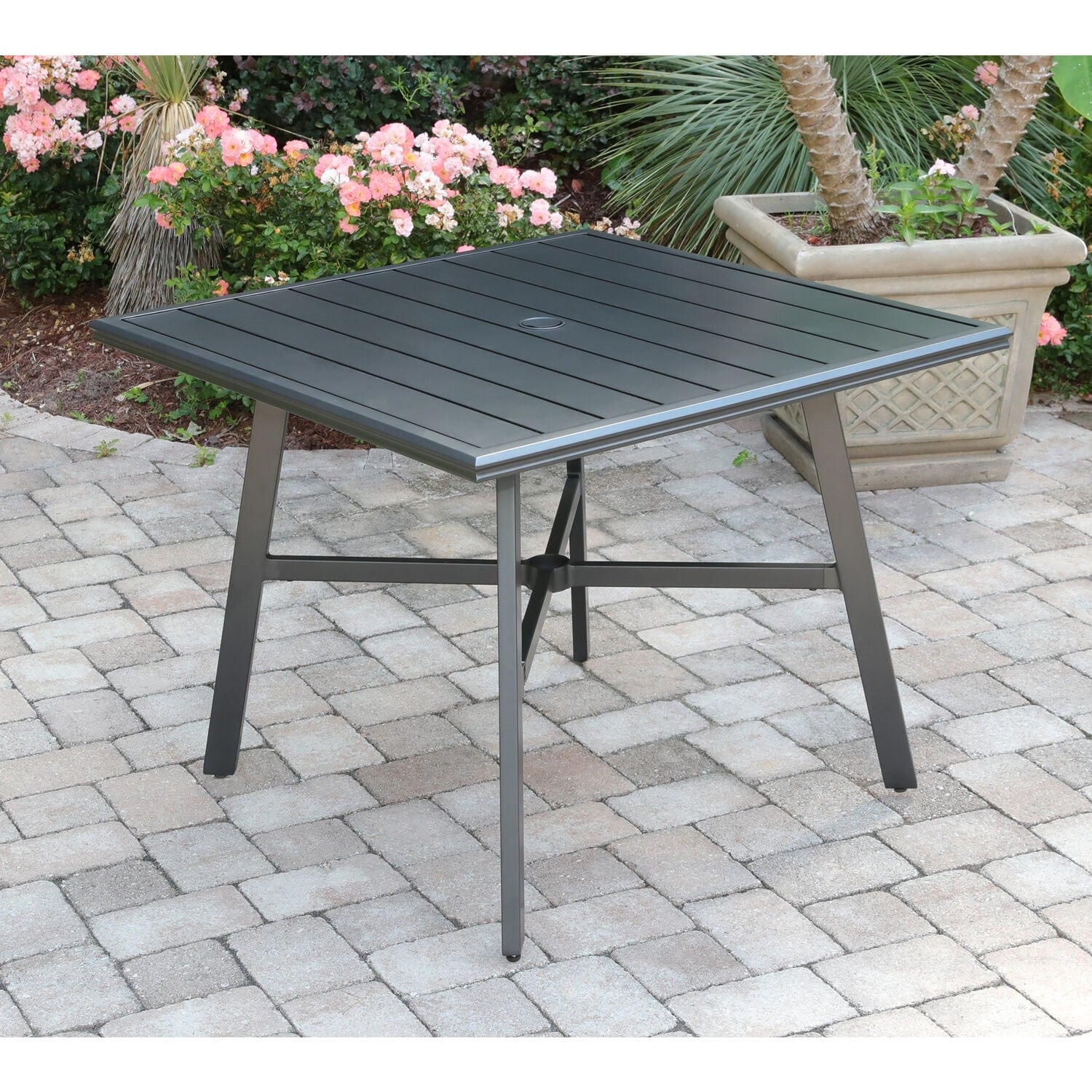 Hanover Outdoor Dining Table Hanover - Commercial Aluminum 38" Square Slat Top Table - Gunmetal - HANCMDNTBL-38SL