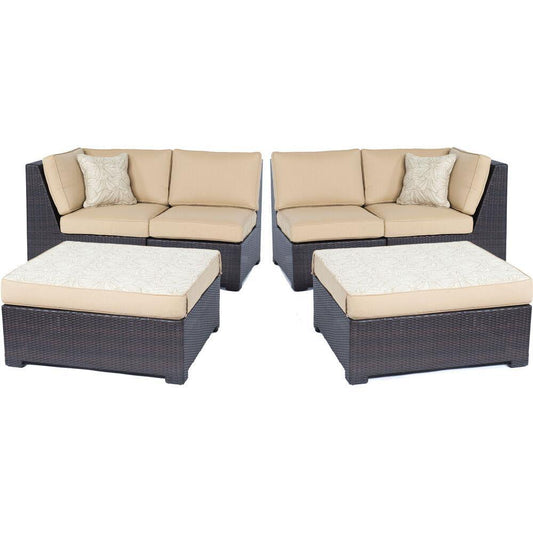 Hanover Outdoor Modular Hanover Metro Modular 6pc Set: 2 Corner Wedges, 2 Armless Chairs, and 2 Ottoman with Tan Cushions and Brown Frames