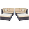 Hanover Outdoor Modular Hanover Metro Modular 6pc Set: 2 Corner Wedges, 2 Armless Chairs, and 2 Ottoman with Tan Cushions and Brown Frames