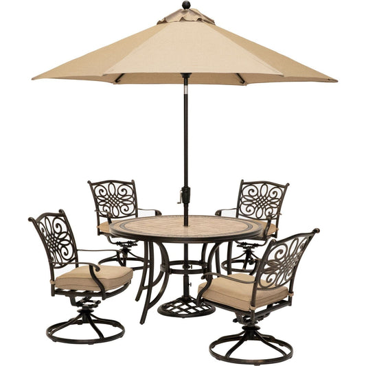 Hanover Patio Furniture Hanover - Monaco 5-Piece Dining Set in Tan with 4 Cushioned Dining Chairs, a 51 In. Tile-Top Table, and a 9 Ft. Umbrella