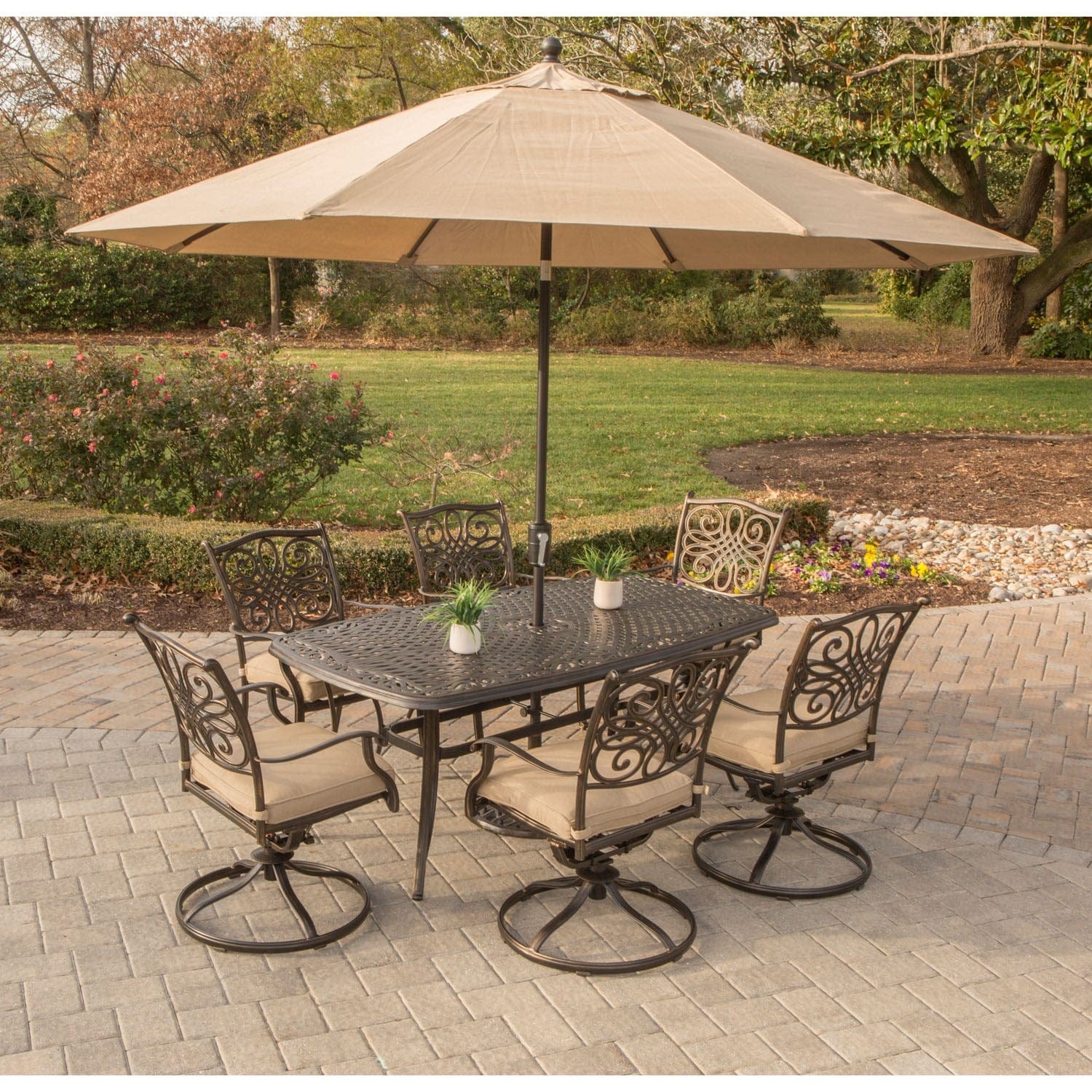 Hanover Patio Furniture Hanover - Traditions 7-Piece Dining Set in Tan with 72 x 38 in. Dining Table, 9 Ft. Table Umbrella, and Umbrella Stand