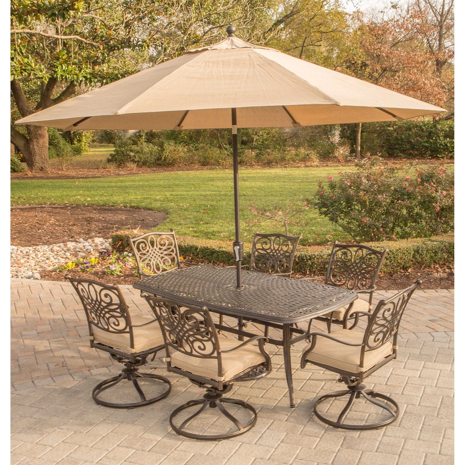 Hanover Patio Furniture Hanover - Traditions 7-Piece Dining Set in Tan with 72 x 38 in. Dining Table, 9 Ft. Table Umbrella, and Umbrella Stand