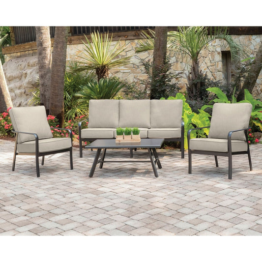 Hanover Patio Seating Set Hanover - Cortino 4 Piece Commercial-Grade Patio Seating Set with 2 Cushioned Club Chairs, Sofa, and Slat | Top Coffee Table | CORT4PCS-ASH