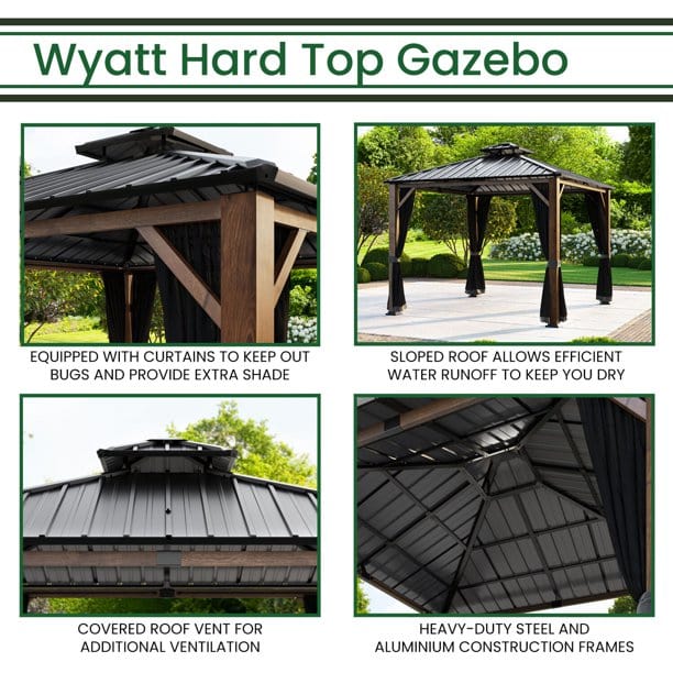 Hanover Pergolas & Gazeebos Hanover Wyatt 11.4' x 11.4' Hard Top Outdoor Gazebo Canopy with Mosquito Netting and Roof Vent, Heavy Duty Aluminum and Steel Frames - WYATTGAZ-BRN