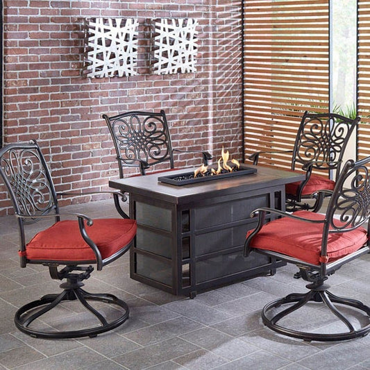 Hanover Seating Set Traditions Five-Piece Seating Set with 30000 BTU Fire Pit Table/Swivel Rockers