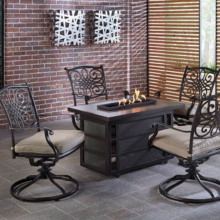 Hanover Seating Set Traditions Five-Piece Seating Set with 30000 BTU Fire Pit Table/Swivel Rockers