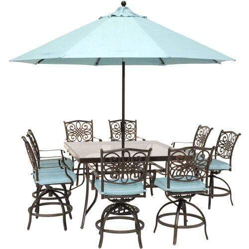 Hanover Table Umbrellas Hanover - Traditions 9-Piece High-Dining Set in Blue with 8 Swivel Chairs, a 60 In. Square Glass-Top Table, Umbrella and Stand - TRADDN9PCBRSQG-SU-B