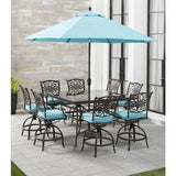 Hanover Table Umbrellas Hanover - Traditions 9-Piece High-Dining Set in Blue with 8 Swivel Chairs, a 60 In. Square Glass-Top Table, Umbrella and Stand - TRADDN9PCBRSQG-SU-B