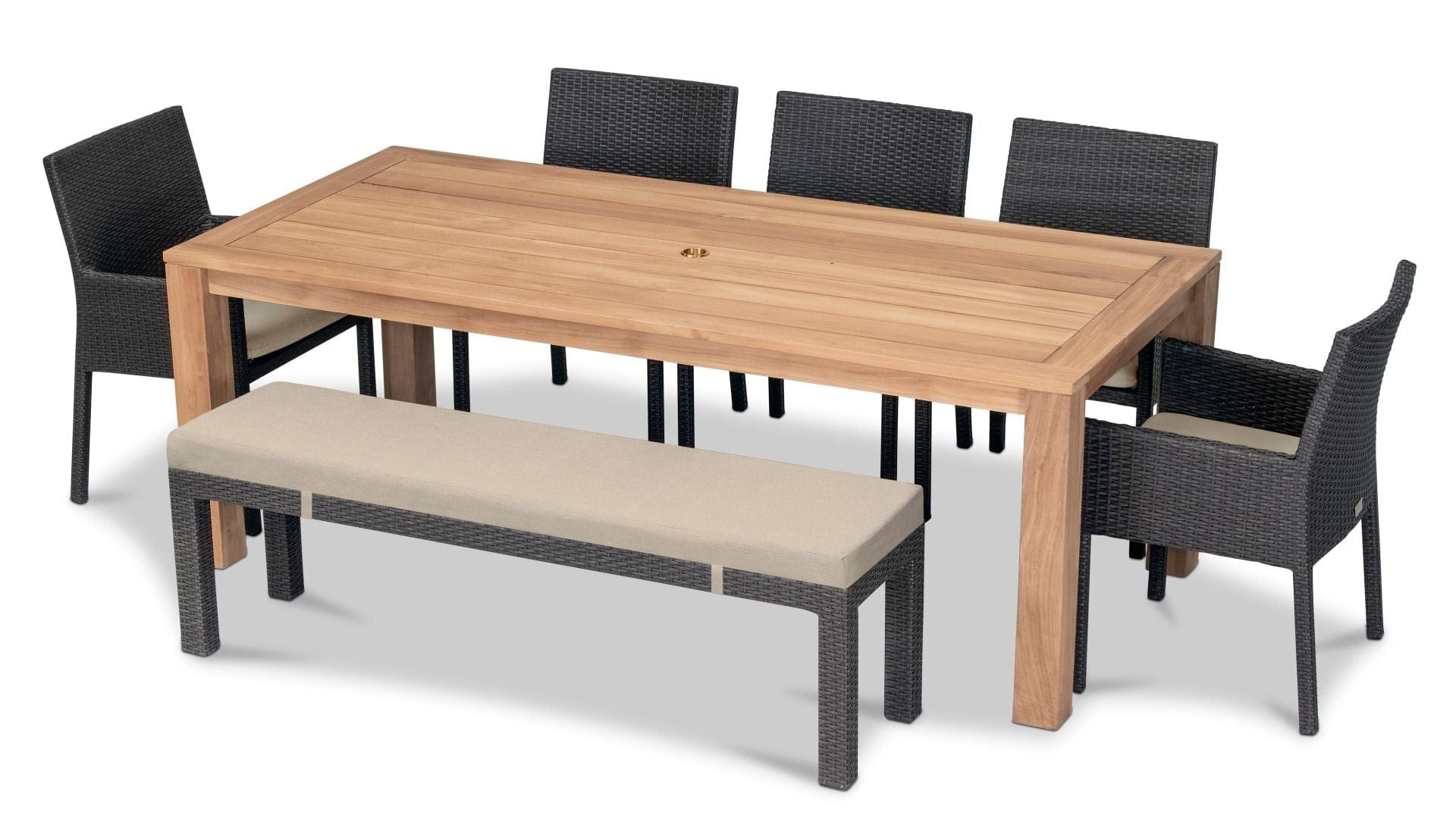 Harmonia Living Outdoor Dining Set Canvas Flax Harmonia Living - Arden Teak 7 Piece Bench Dining Set- Table and Five Dining Arm Chairs | ARD-TK-SET581