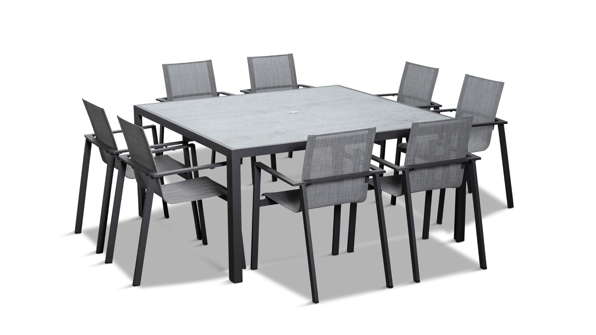 Harmonia Living Outdoor Dining Set Slate Harmonia Living - Lift 9 Piece Square Dining Set - Black/Black | 8 Lift Dining Arm Chairs - Black | 1 Staple 8-Seater Square Dining Table - Black | HL-LIFT-BK-9SDS