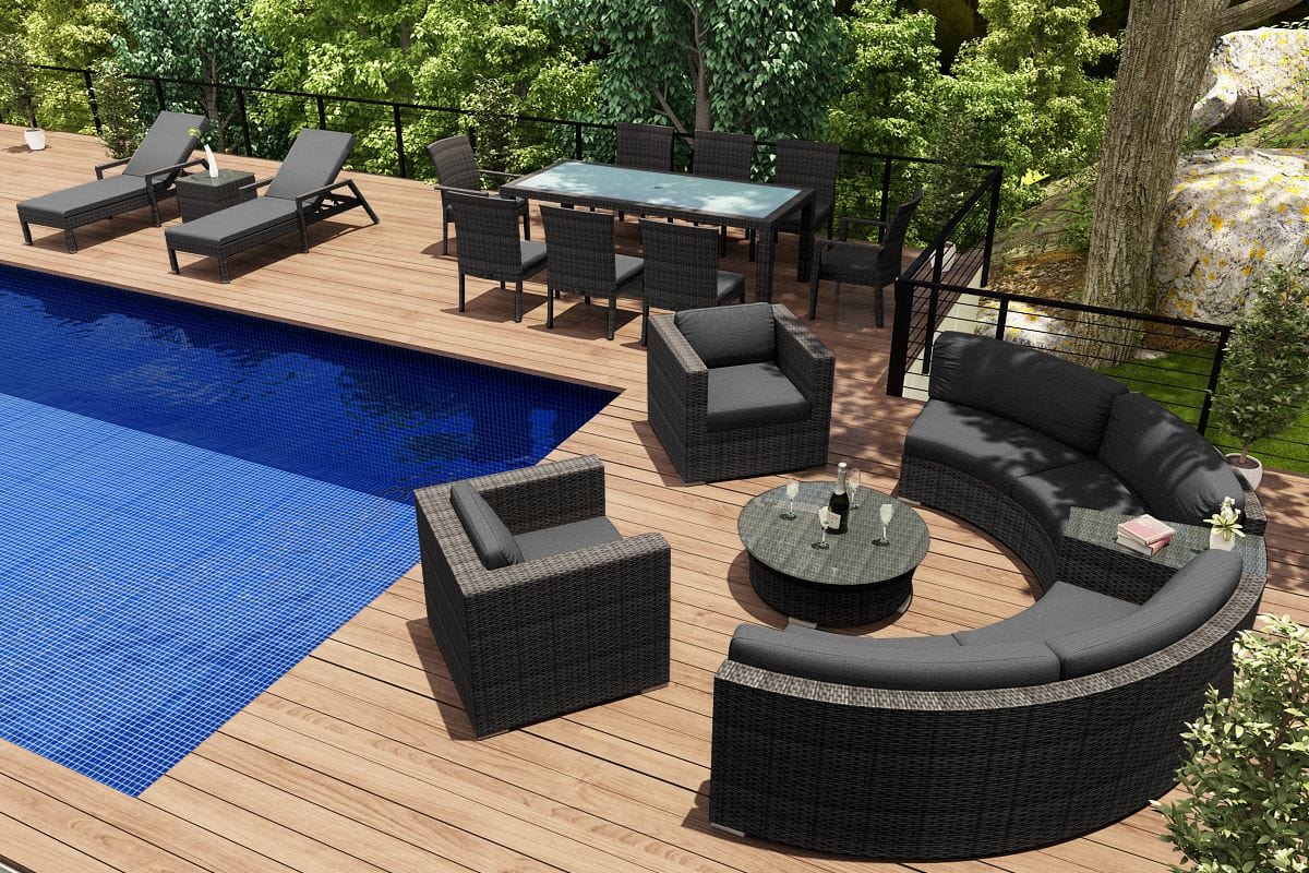Harmonia Living Outdoor Estate Set Canvas Charcoal Harmonia Living - District 18 Piece Eclipse Set | 2 Club Chairs | 2 Curved Loveseats |  1 Round Coffee Table | 1 Wedge End Table | 1 Rectangular Dining Table | 2 Dining Arm Chairs | 6 Dining Side Chairs |  HL-DIS-TS-18ES