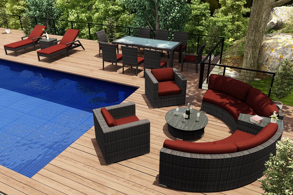 Harmonia Living Outdoor Estate Set Canvas Henna Harmonia Living - District 18 Piece Eclipse Set | 2 Club Chairs | 2 Curved Loveseats |  1 Round Coffee Table | 1 Wedge End Table | 1 Rectangular Dining Table | 2 Dining Arm Chairs | 6 Dining Side Chairs |  HL-DIS-TS-18ES