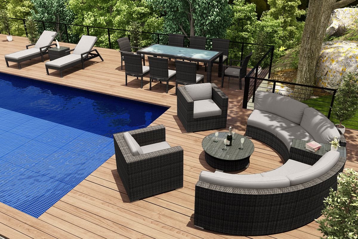 Harmonia Living Outdoor Estate Set Harmonia Living - District 18 Piece Eclipse Set | 2 Club Chairs | 2 Curved Loveseats |  1 Round Coffee Table | 1 Wedge End Table | 1 Rectangular Dining Table | 2 Dining Arm Chairs | 6 Dining Side Chairs |  HL-DIS-TS-18ES