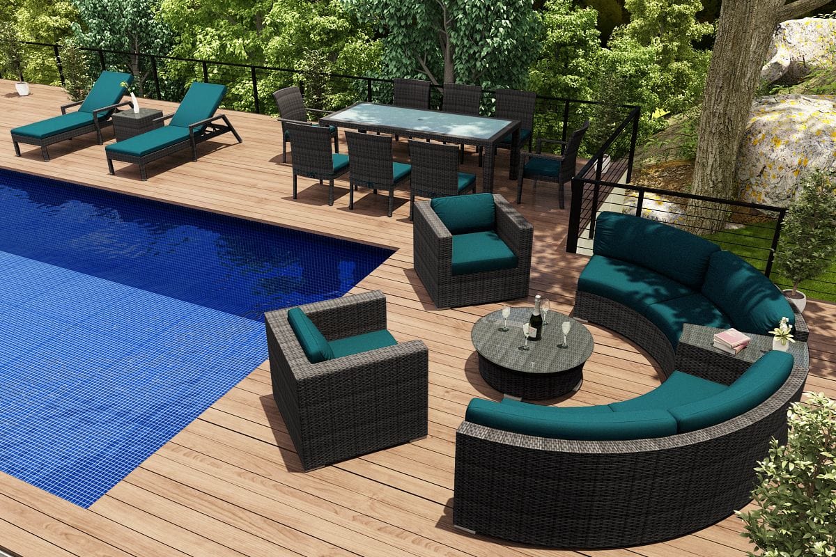 Harmonia Living Outdoor Estate Set Spectrum Peacock Harmonia Living - District 18 Piece Eclipse Set | 2 Club Chairs | 2 Curved Loveseats |  1 Round Coffee Table | 1 Wedge End Table | 1 Rectangular Dining Table | 2 Dining Arm Chairs | 6 Dining Side Chairs |  HL-DIS-TS-18ES