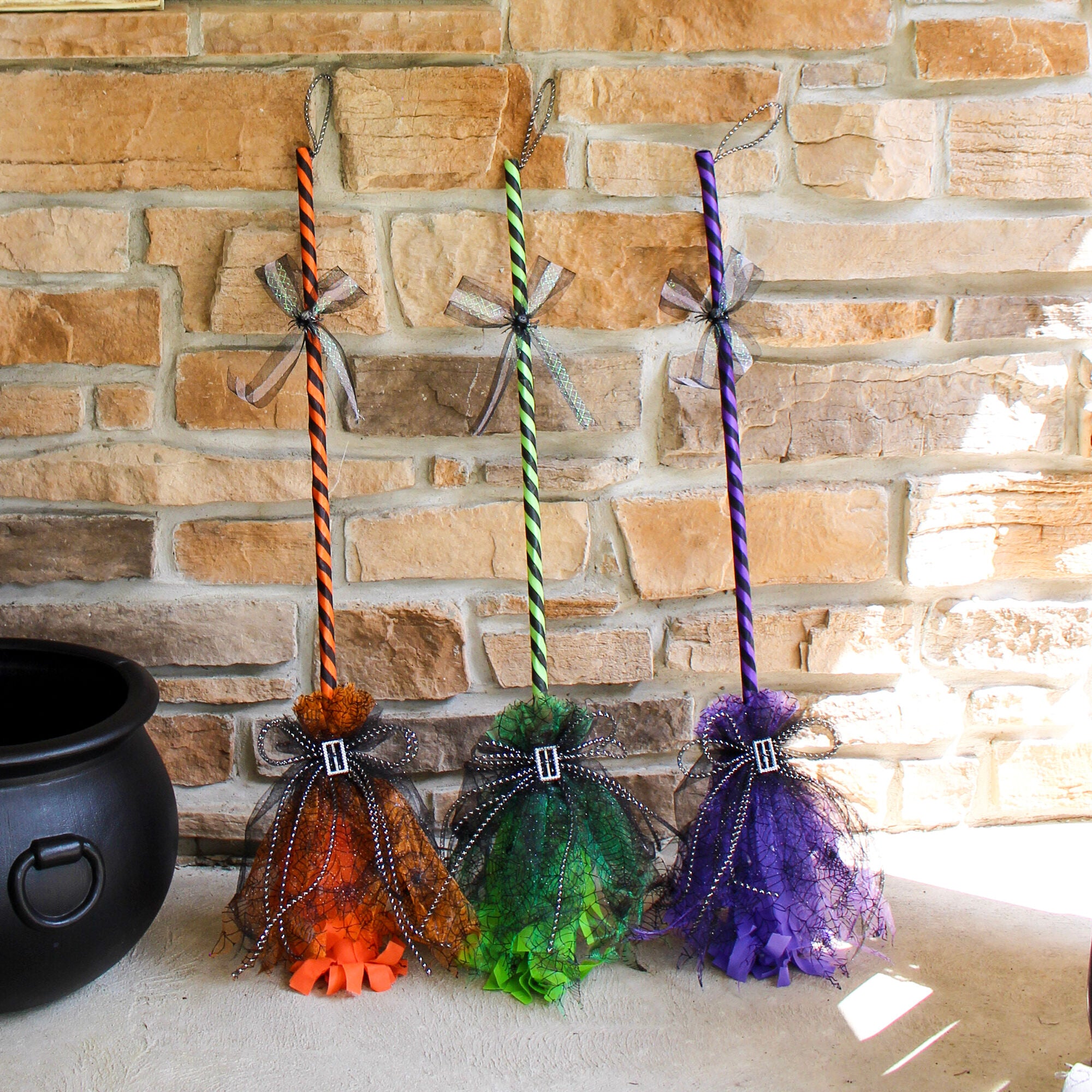 Haunted Hill Farm -  3-Ft. Witch's Broomstick with Purple Lights, Indoor/Covered Outdoor Halloween Decorations