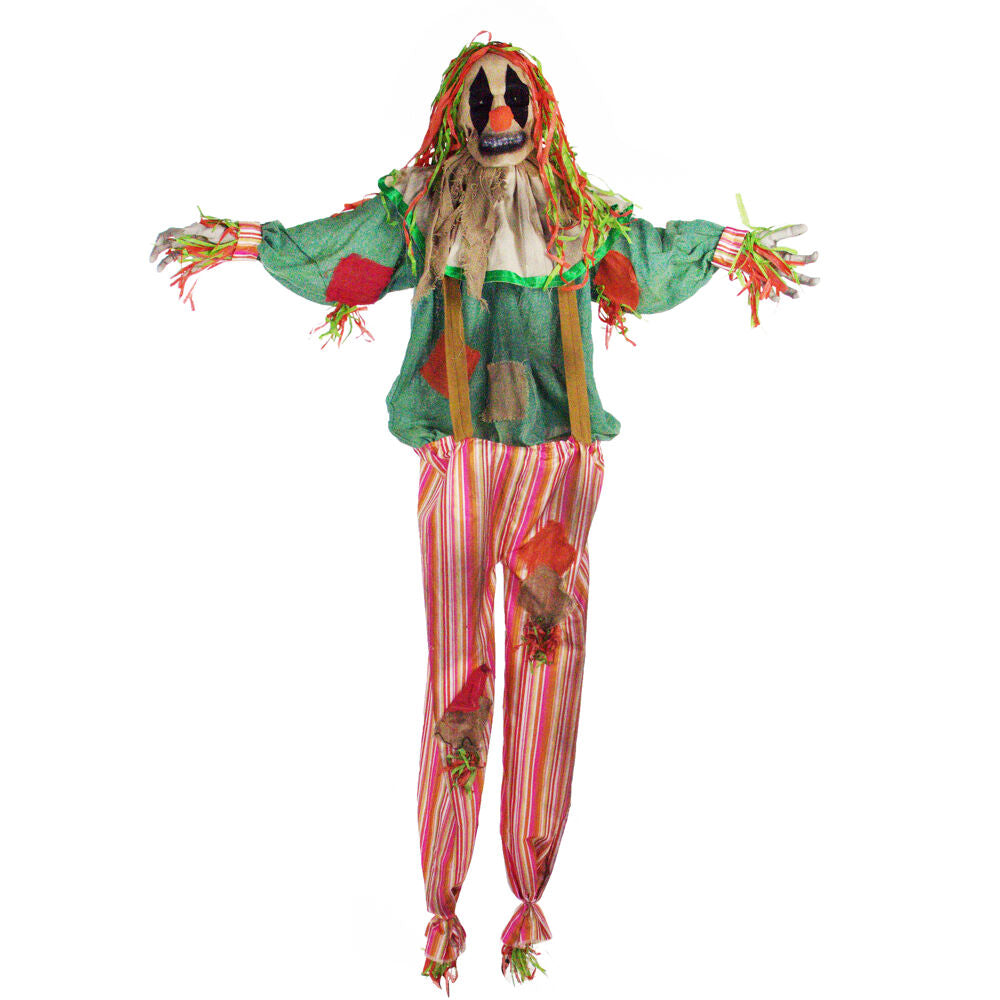 Haunted Hill Farm -  65-In. Burlap the Animatronic Scarecrow Clown, Indoor or Covered Outdoor Halloween Decoration, Red LED Eyes