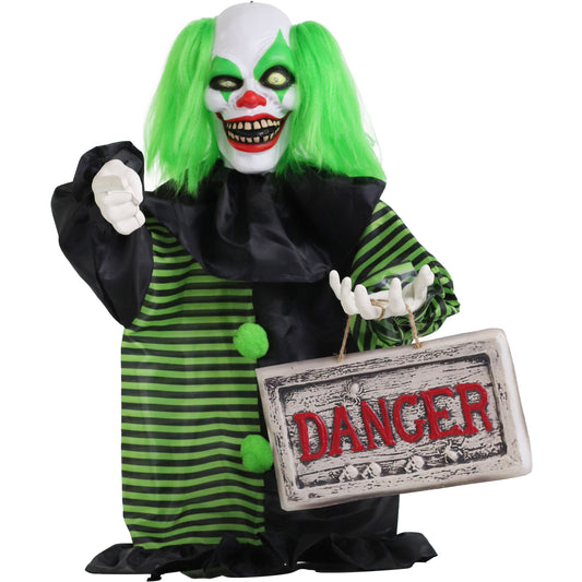 Haunted Hill Farm - Talking, Shaking, Mini Animatronic Clown with Light-Up Eyes and Danger Sign for Scary Halloween Decoration