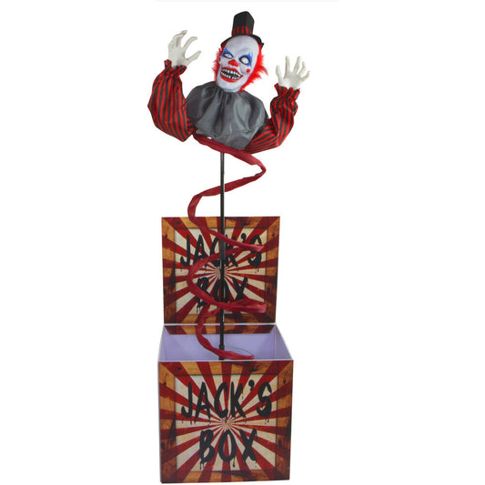 Haunted Hill Farm -  69-In. Jack the Animatronic Clown in a Box, Indoor or Covered Outdoor Halloween Decoration, Red LED Eyes
