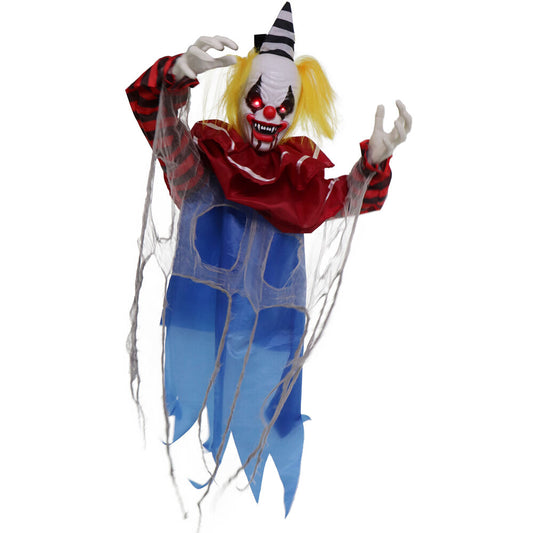 Haunted Hill Farm - Animatronic Twisting, Talking Clown Greeter with Folding Door Hook for Scary Halloween Decoration