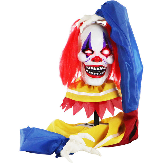 Haunted Hill Farm - Animatronic Pop-Up Talking Clown Head with Light-Up Eyes for Scary Halloween Tabletop Decoration