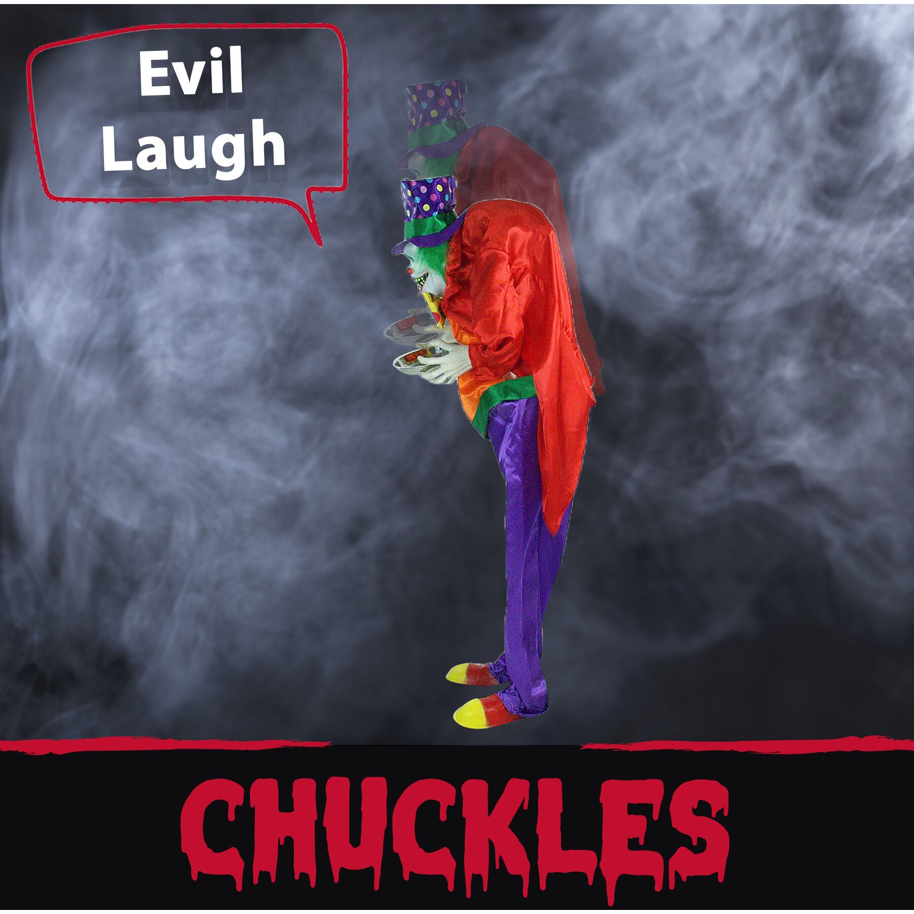 Haunted Hill Farm -  6-Ft. Chuckles the Animatronic Clown, Indoor or Covered Outdoor Halloween Decoration, Red LED Eyes