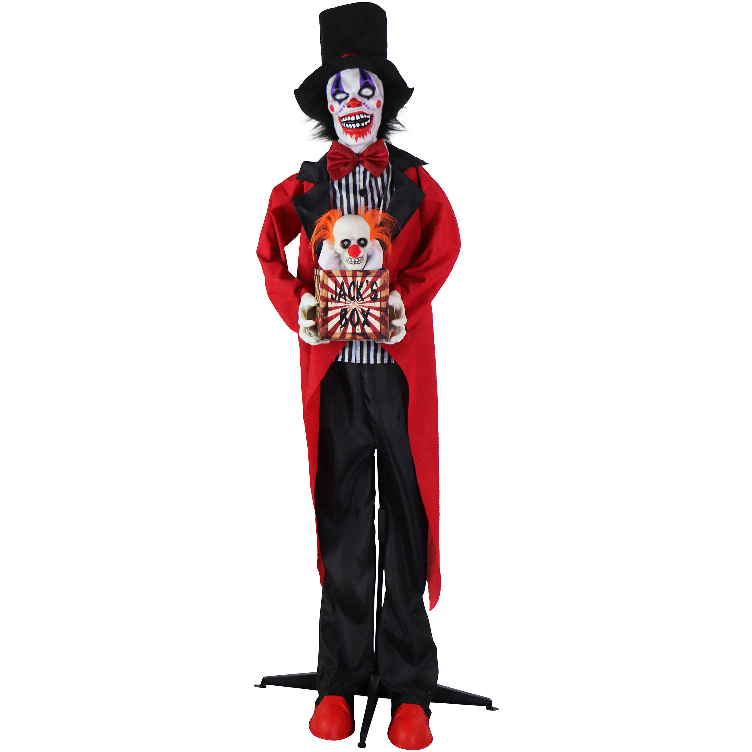 Haunted Hill Farm - Standing Clown and Animatronic Talking Skull Clown in a Box for Scary Halloween Decoration