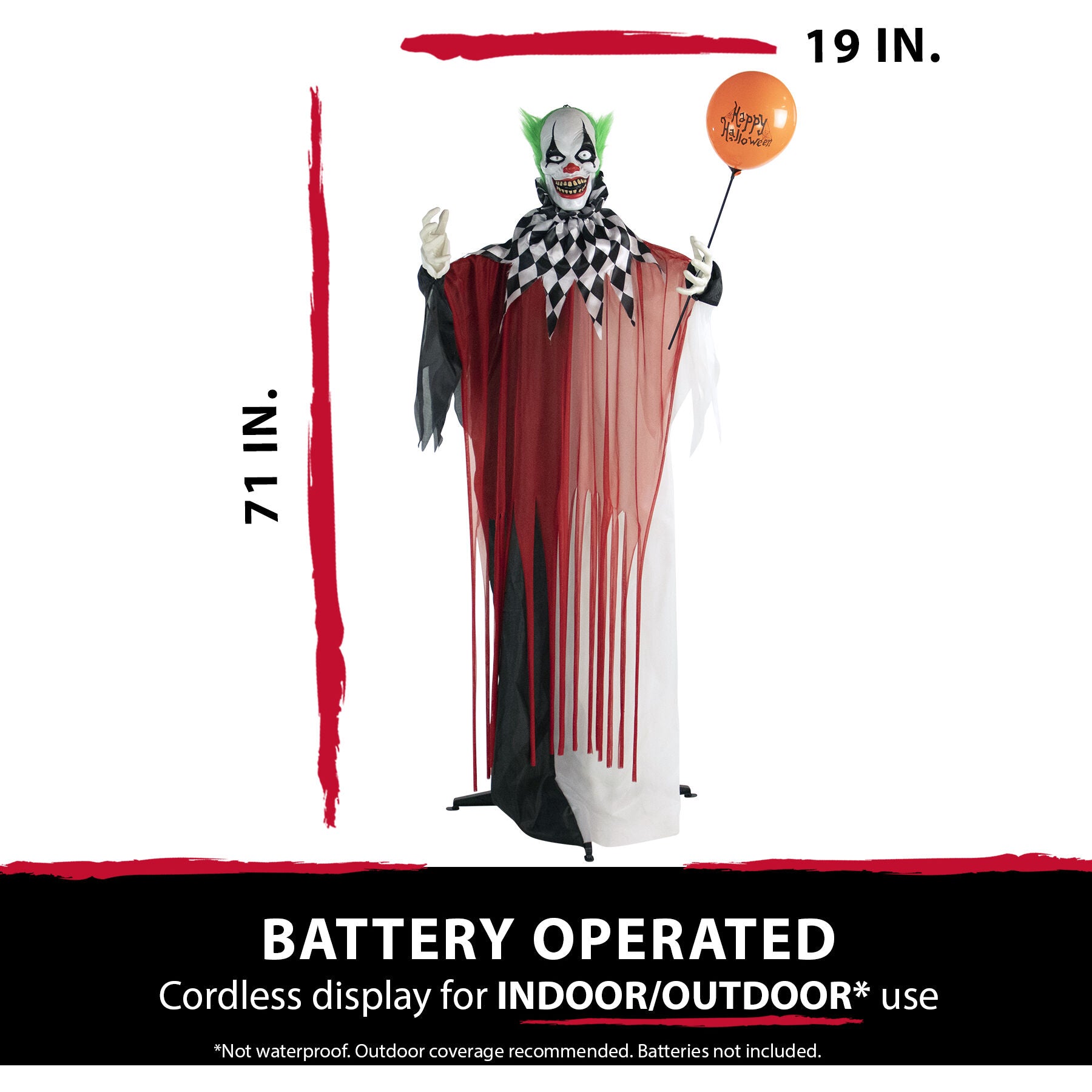 Haunted Hill Farm -  71-In. Herbert the Animatronic Talking Clown, Indoor or Covered Outdoor Halloween Decoration, Red LED Eyes