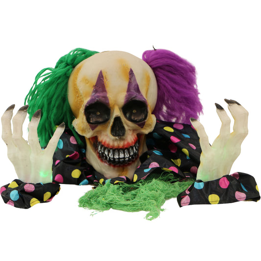 Haunted Hill Farm -  Claw the Groundbreaker Clown, Indoor or Covered Outdoor Halloween Decoration, Makes Noises, Green LED Eyes
