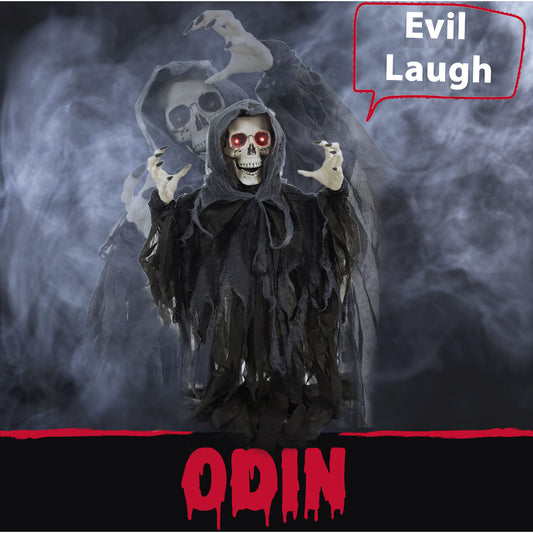 Haunted Hill Farm -  46-In. Odin the Animatronic Skeleton Reaper, Indoor or Covered Outdoor Halloween Decoration, Red LED Eyes