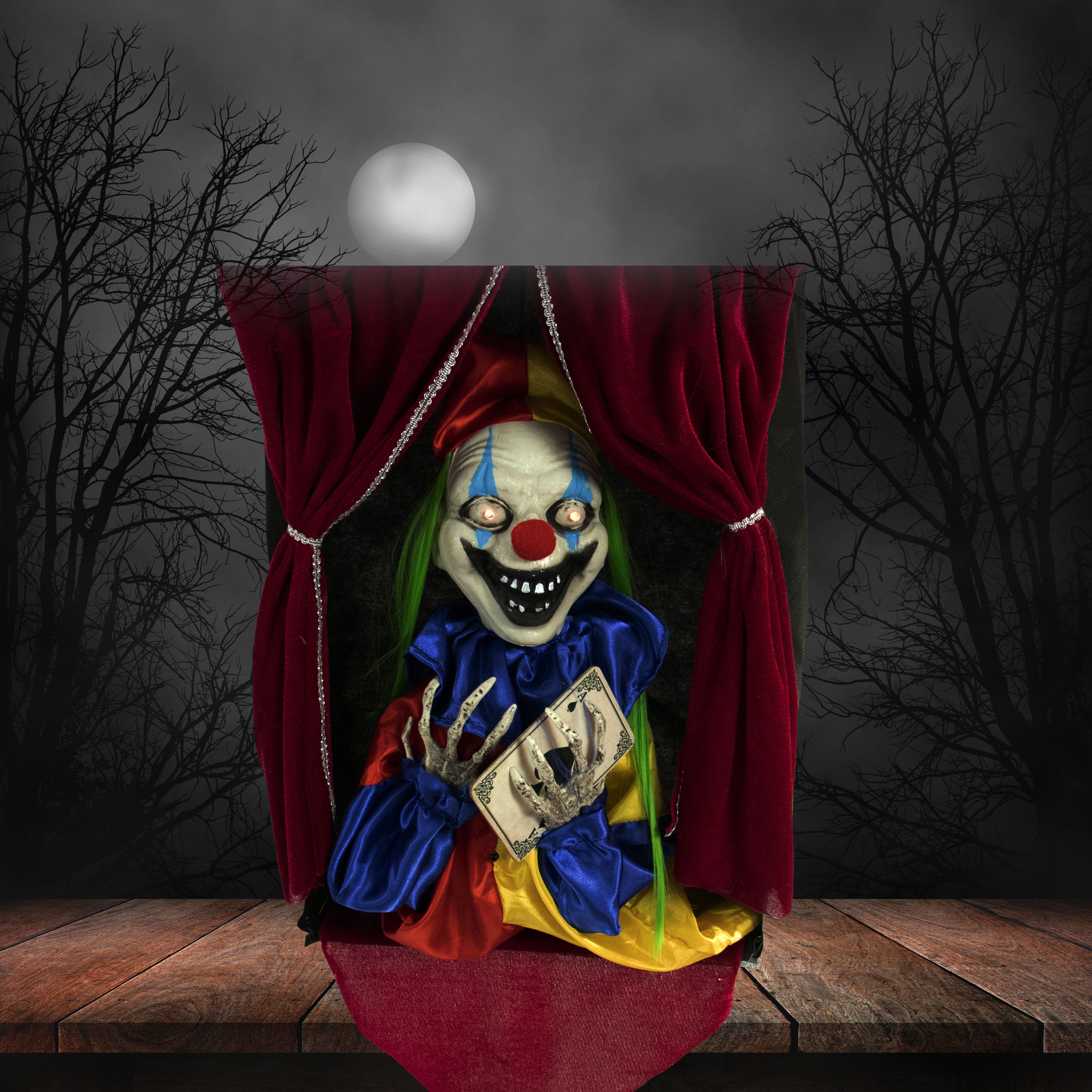 Haunted Hill Farm -  Joker the Talking Clown, Hanging Halloween Decoration, Indoor or Covered Outdoor Display, Red LED Eyes