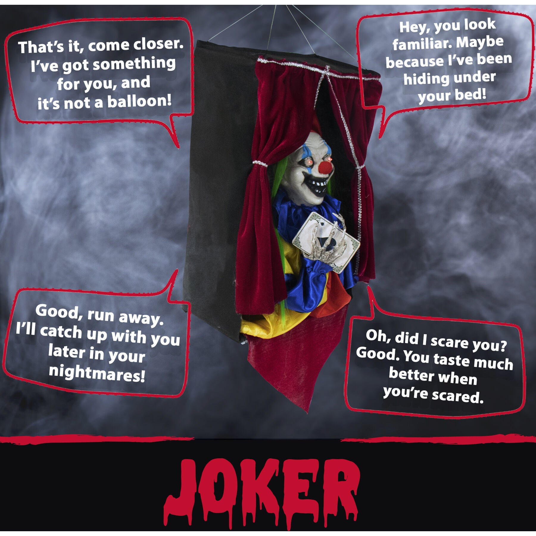 Haunted Hill Farm -  Joker the Talking Clown, Hanging Halloween Decoration, Indoor or Covered Outdoor Display, Red LED Eyes