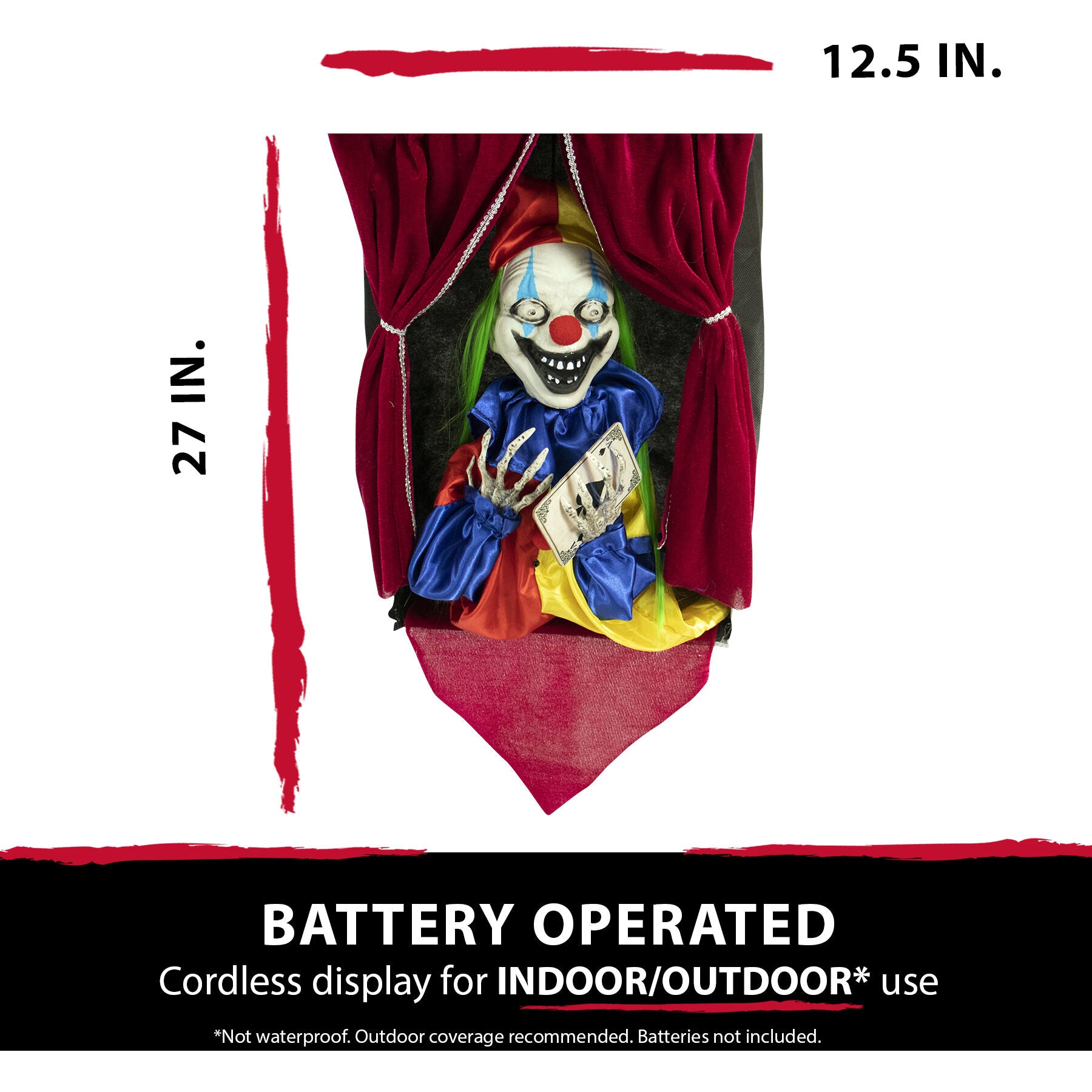 Haunted Hill Farm -  Joker the Talking Clown, Hanging Halloween Decoration, Indoor or Covered Outdoor Display, Red LED Eyes